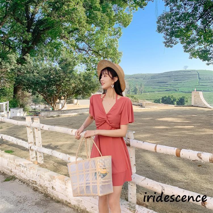 水着 レディース ワンピース 大きいサイズ 半袖 Vネック 体型カバー 旅行 水泳 海 温泉 ビーチ プール 川 バスト 可愛い オシャレ きれい