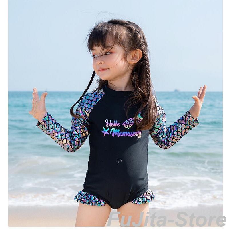 2点セット 水着 女の子 ワンピース 連体型 連体水着 控えめ キッズ キッズ水着 長袖 スイムキャップ ガール 子供用 弾性 日焼け止め スイムウェア 女児 幼稚