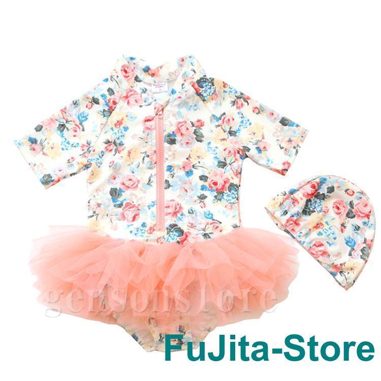 子供 水着 ワンピース 水着 女の子 帽子付き フリル 半袖 ラッシュガード オールインワン 水着 花柄 可愛い 幼稚園 保育園 ベビー 水着 日焼け対策