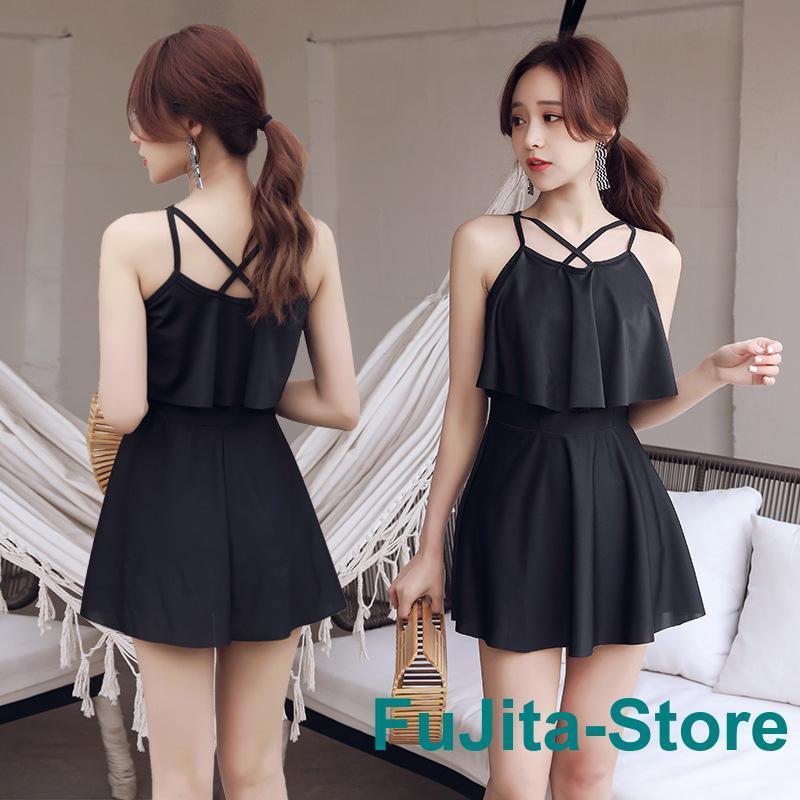 水着 レディース ワンピース 体型カバー おしゃれ かわいい 40代 50代 肩出し　無地 女子 お洒落　2点セット