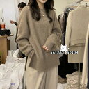 セーター ニット レディース トップス 無地 Uネック クルーネック スリット入り 長袖 ロングセーター 女性 ゆったり 暖かい 防寒 秋 冬