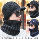帽子+ネックウォーマーの2点セット メンズ ニット帽 裏起毛 マスク 防寒 男性用 ハンチング 冬物 ストライプ