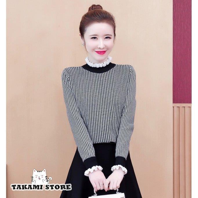 フリルネック チェック柄 トップス ニット レディース 長袖 フリル袖 通勤服 オフィス 大きいサイズ スタンドカラー ハイネック