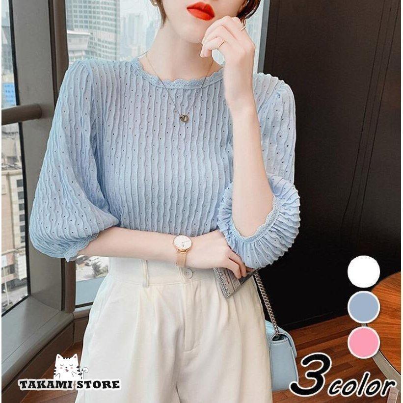 レディース トップス ブラウス Tシャツ オシャレブラウス 白 Tシャツ 五分袖トップス レース パフスリーブ カットソー 上品 大人 通勤 OL ゆったり