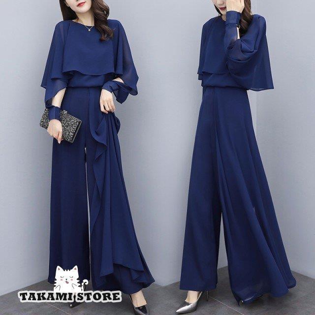 かっこいいパンツドレス セットアップ 袖あり 結婚式 お呼ばれ ドレス パンツ パーティードレス パンツ 大きいサイズ 3L 4L シフォン 20代 30代 40代