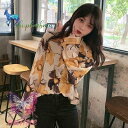 シアーブラウス フラワー柄 柄シャツ レトロ ベージュ 長袖 トップス ダンス 衣装 ヒップホップ コスチューム 韓国ファッション 個性的 服 原宿系(4)