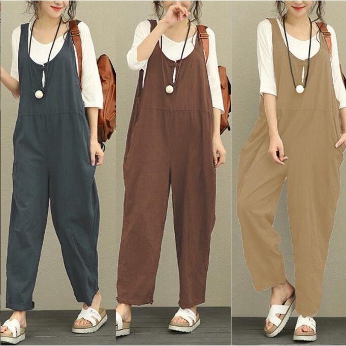 サロペット オールインワン レディース オーバーオール 綿麻 無地 ロング丈 マキシ丈 薄手 ガウチョパンツ ワイドパンツ 春夏秋 オシャレ