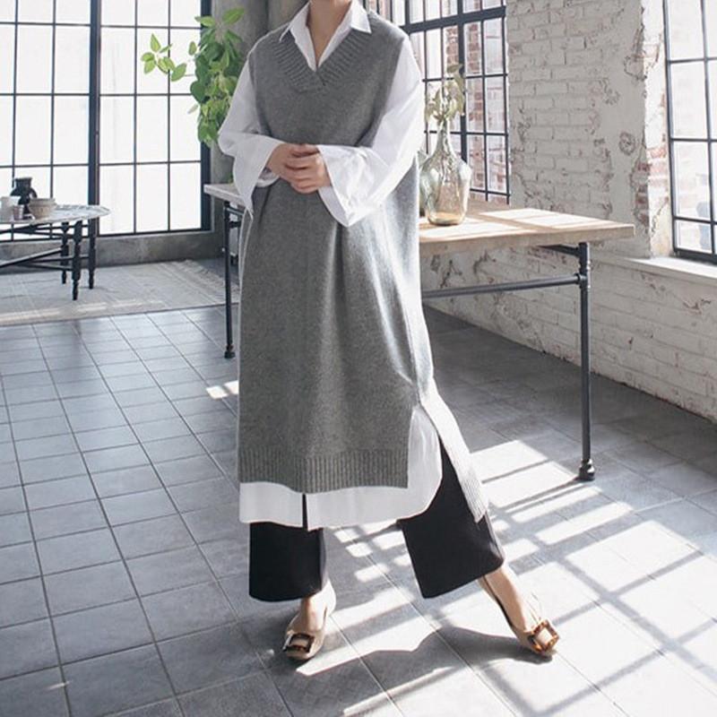 ロングニットベスト レディース チョッキ Vネック マキシ丈 サイドスリット ノースリーブセーター ニットワンピース 暖かい