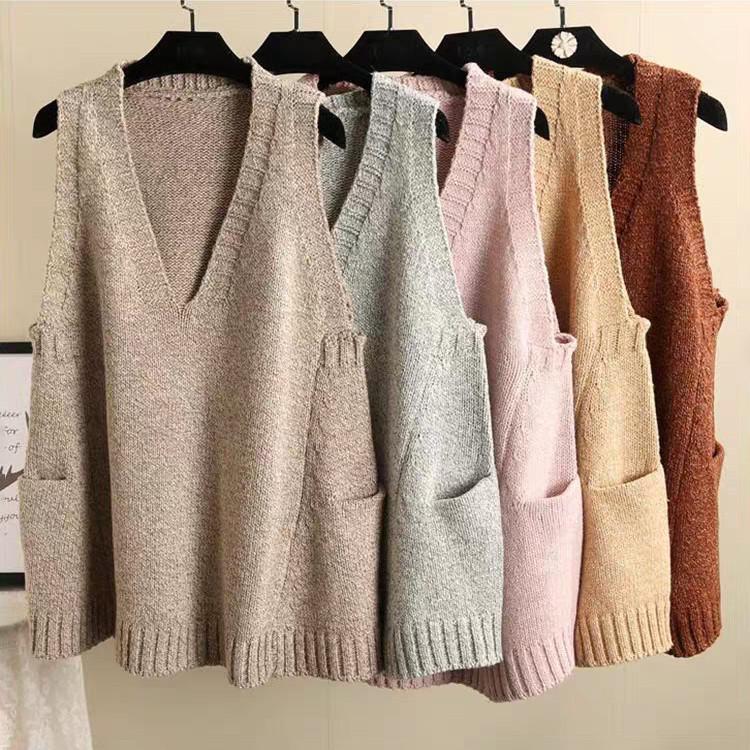 ベスト レディース ニットベスト セーター コットン Vネック チョッキ ジレ ポケットあり トップス インナーベスト ゆったり ノースリーブ 無地