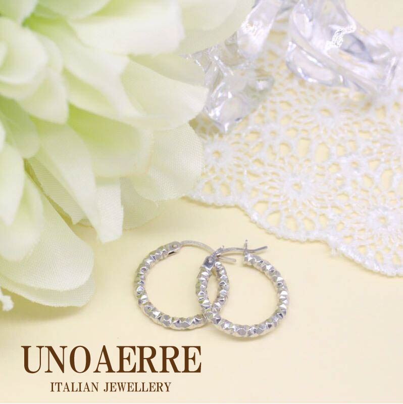 ウノアエレ ピアス K18 k18 750 wg WG ホワイトゴールド フープピアス ダイヤモンドカット UNOAERRE イタリージュエリー ITALY　イタリア製 イタリーピアス クリスマスプレゼント 妻 彼女人気 ギフト ウノアエレ正規店 レディース 保証書 ラッピング無料のサムネイル