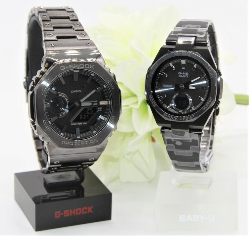gショック ペアウォッチ カシオ ペア g-shock baby-g ペア腕時計 八角形 ブルートゥース搭載 人気 記念日 誕生日プレゼント お祝い 就職祝い 還暦 人気 サイズ調整無料 2本セット ブラックメタル GM-B2100BD-1AJF MSG-B100DG-1AJF