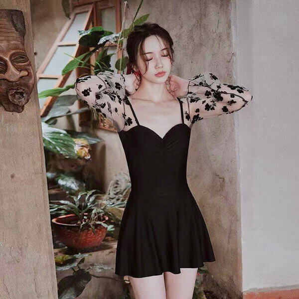 ワンピース水着 花柄 長袖 プール 海 ピーチ セクシー 温泉 スポーツ レディース 体型カバー フィットネス水着 ブラック 盛れる お洒落 痩せ見え