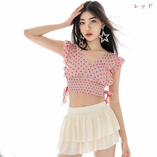 水着 レディース 2点セット ドット 水玉 ビキニ 体型カバー 大きいサイズ リゾート 短パン スカート ビーチ 韓国風 学生 20代 30代 40代