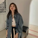 実写 実価 秋 韓国風 万能 ルーズフィット ミドル丈 ヴィンテージ エレガント 千鳥格子 デニム コート
