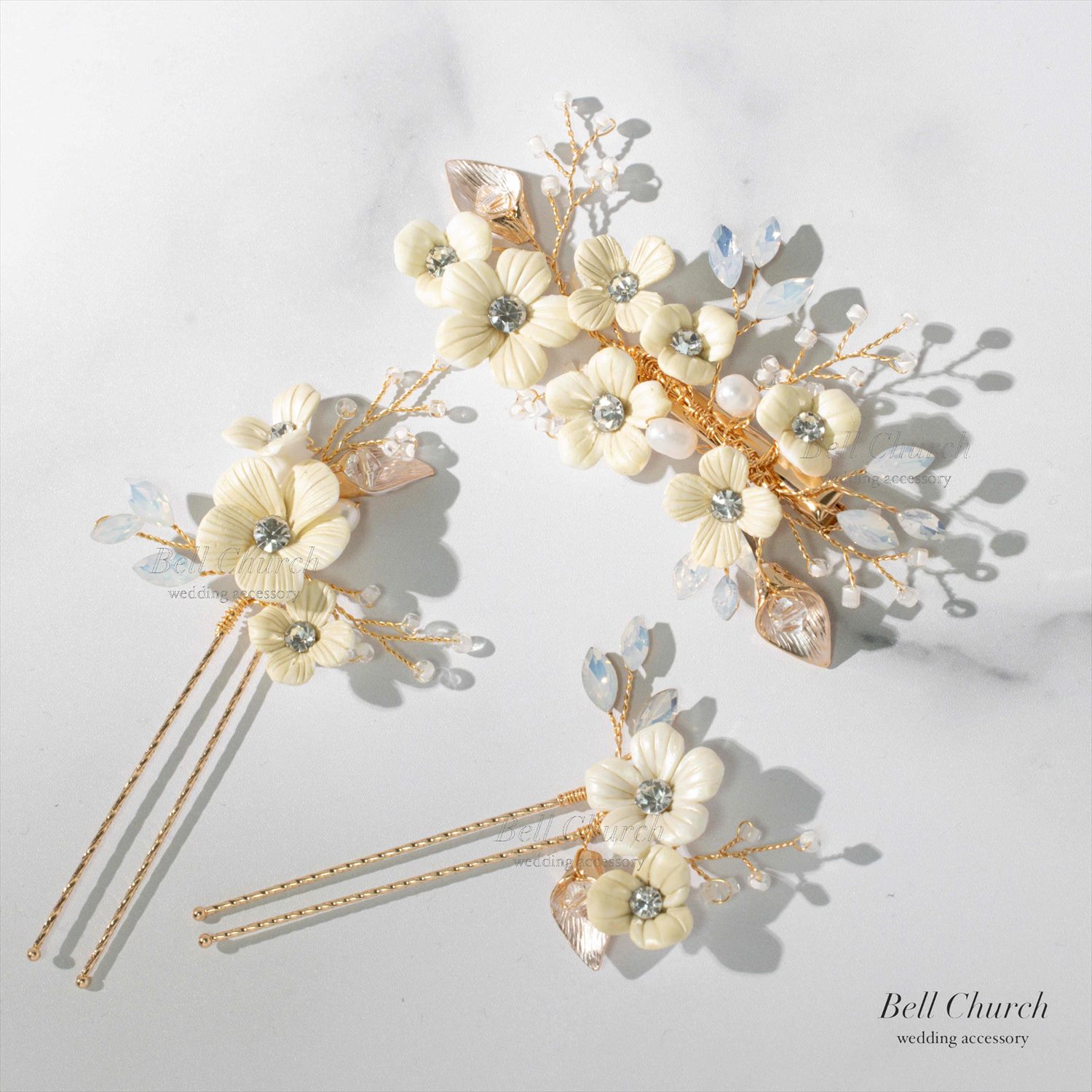 ヘッドピース 3点セット | 小枝アクセサリー | お花モチーフ | ゴールド×ホワイト | (BC-H46)