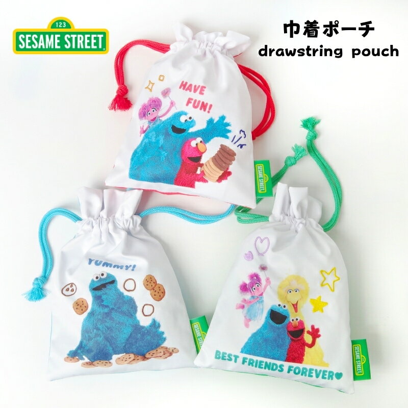 【セサミストリート】大人かわいい 巾着ポーチ フォトプリント×刺繍 デザイン 3色展開 コスメポーチ 小物入れ 旅行 エルモ クッキーモンスター モバイルグッズ収納 ギフト プレゼント Flowering LSS-P001