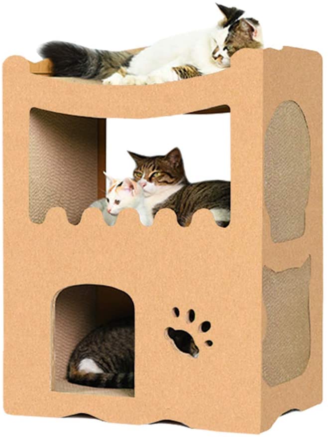 猫用爪とぎ キャットハウス キャットタワー ダンボールハウス 爪とぎ兼ベッド 猫箱 二層 組み立て式 高密度段ボール 収納簡単 ストレス解消 通気 (2部屋)