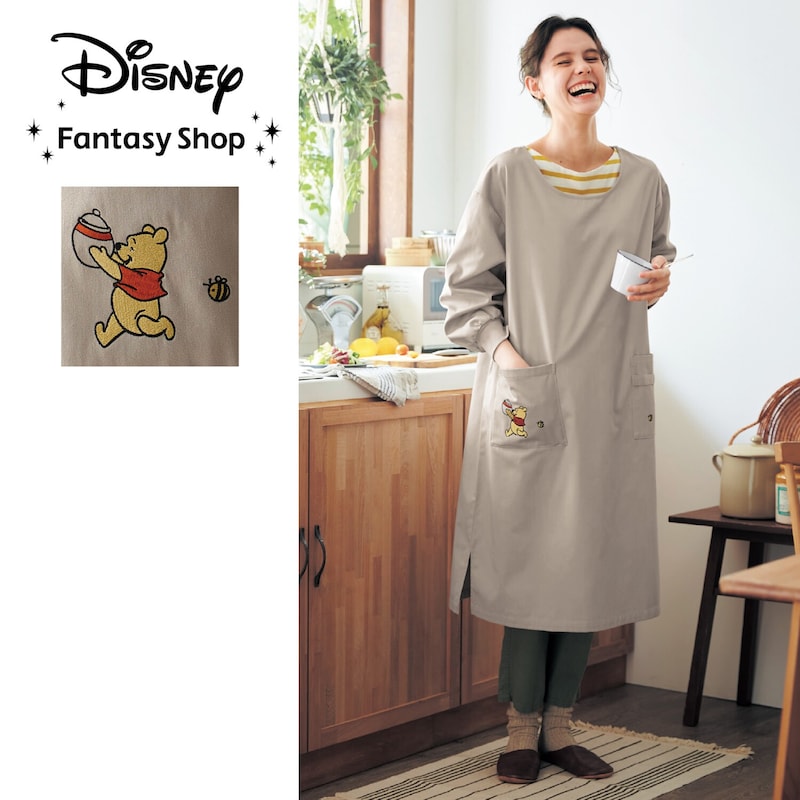 【ポイント5倍! 11/28 09:59迄】【Disney】 ディズニー かぶり割烹着「 くまのプーさん 」 ◆ M~L／L ~LL ◆ ◇ レディース 女性 ルームウェア 部屋着 室内着 レディースルームウェア ルームウェアレディース 割烹着 エプロン プーさん 大人 グッズ ◇