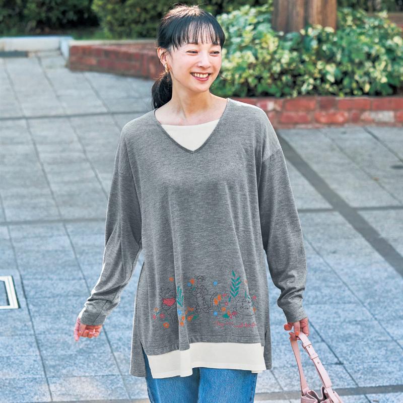 【Disney】 ディズニー フェイクレイヤードチュニック「ミッキーモチーフ くまのプーさん」◆ S M L LL ◆ ◇ レディース 女性 チュニック トップス長め チュニックワンピース レディースチュニック トップス 丈長め tシャツ 長袖 プーさん ミッキーマウス ◇