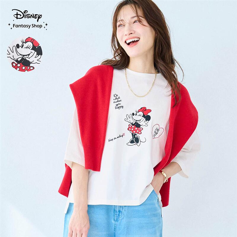 【Disney】プリント＆刺しゅう五分袖Tシャツ「ミニーマウス」 S M L LL ◇ Tシャツ トップス プリントTシャツ レディース カットソープルオーバー カットソー プルオーバー レディーストップス 五分丈 刺繍 キャラクター 白Tシャツ 白 春 夏