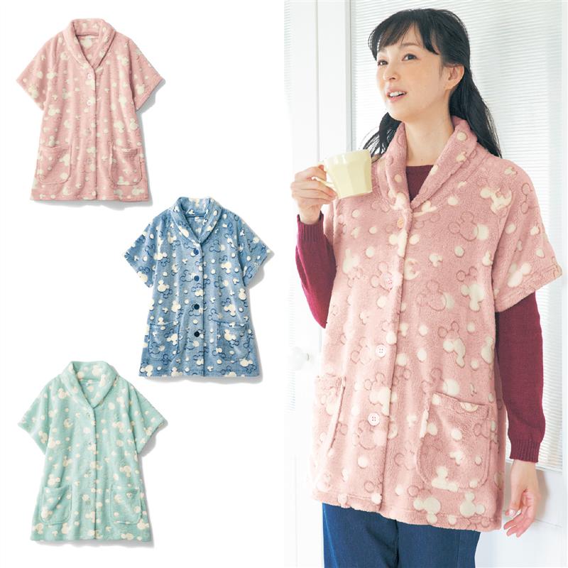 【Disney】 ディズニー あったか半袖ボアガウン「ミッキーモチーフ」 ◆ ネイビー ライトピンク ミント ◆ ◇ レディース 女性 ルームウェア 防寒 暖か ベスト 部屋着 半袖 ガウン フリース ボア パジャマ ミッキー ◇のサムネイル