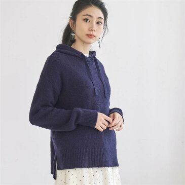 コットン混起毛ブークレニットパーカ 「ネイビー」 ◆ S M L LL 3L ◆ ◇ プルパーカ トップス カットソー パーカ プルオーバー 長袖 ニット フード付 きれい お洒落 レディース ベルメゾン 秋 秋冬 冬 ◇
