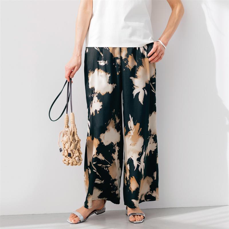 【ベルメゾン】サテン総柄プリントパンツ ◆ S M L LL ◆◇ レディース 女性 パンツ ズボン ボトムス ボトム ロングパンツ レディースパンツ ◇