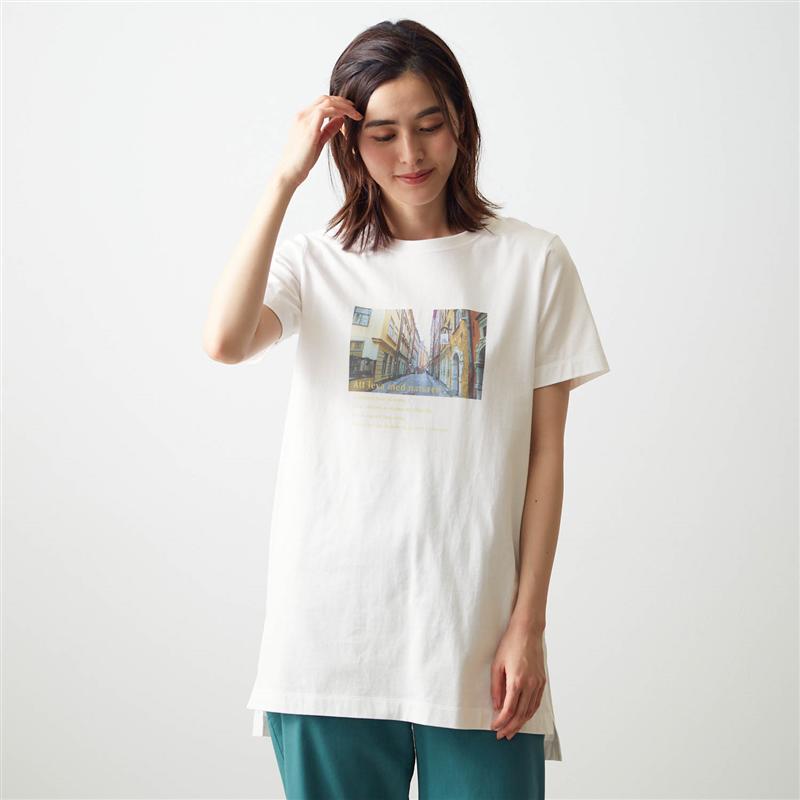 【BELLE MAISON】ベルメゾン チュニックプリントTシャツ ◆ S M L LL 3L ◆◇ Tシャツ チュニック プリントTシャツ レディース 半袖 長め 綿 綿100% コットン 春夏 夏 ◇