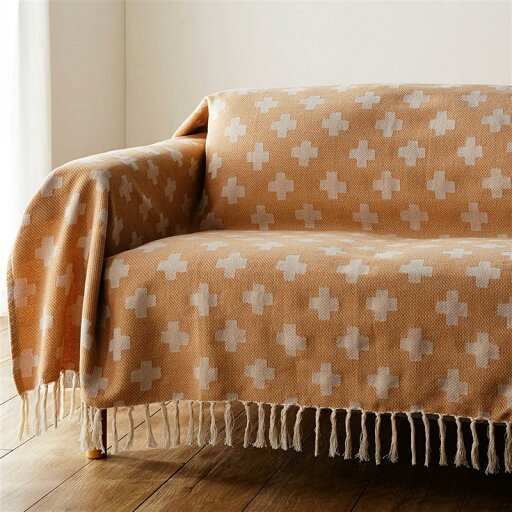 ベルメゾンのシンプル北欧調デザインのインド綿マルチカバー 「 オレンジ 」 ◆ 約190×190 ◆ (インテリア雑貨)