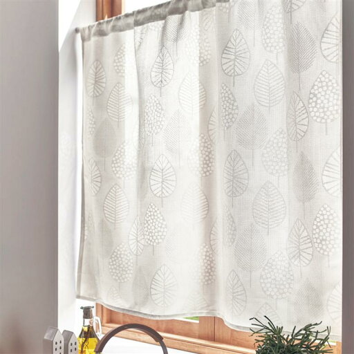 北欧調リーフ柄のUVカット・遮熱・ミラーレース小窓カーテン ◆ 約60×70(1枚) ◆ 