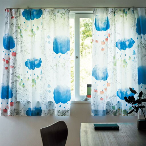 恵の雨と花々を描いた北欧デザインのUVカット・遮熱・遮像ボイルカーテン ◆ 約100×108(2枚) 約100×118(2枚) 約200×88(1枚)▲ ◆