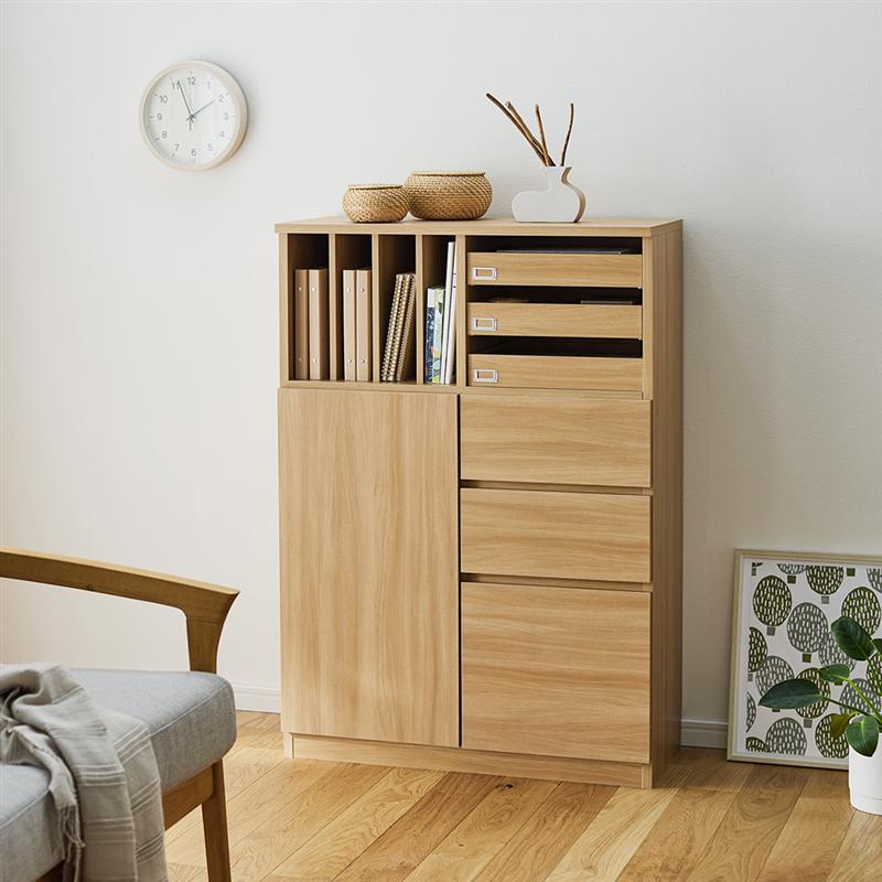 整理しやすい ミドルハイ キャビネット パソコンデスク ◆ B: 引出しタイプ / C: パソコンデスク 幅80cm 奥行35cm 高さ115cm デスク面高72cm) | 木製 リビング チェスト キャビネット リビングボード サイドボード 棚 新生活