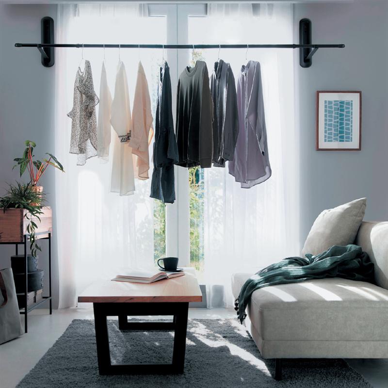 【店内ほぼ全品P10倍!~11/27(木) 01:59】浮かせて干す ピンで設置 工事不要 壁付け物干し | ブラック ・耐荷重量：10kg・使用時サイズ 幅9cm 奥行28、高さ約35cm | 室内 干し 部屋 洗濯 部屋干し 賃貸 コンパクト 便利 屋内 雨 花粉 天気 時間 夜干し