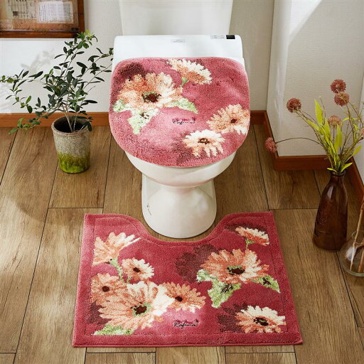 上品な花柄のウィルトン織トイレマット（単品）［日本製］ 「 グレー 」◆ 裾ロングマット・フタカバーなし ◆ 