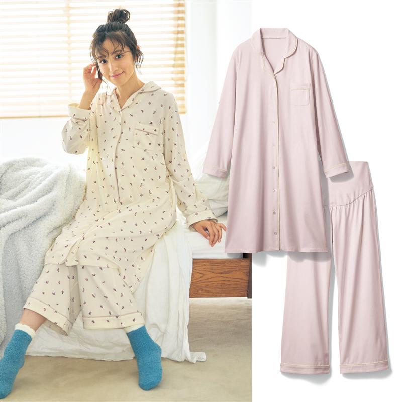 【ベルメゾン】 マタニティ パイピンク使い 長袖 ロング 丈 パジャマ ◆ ピンク アイボリー系花柄 グレー系アイス柄 ◆◇ 妊婦 マタニティ用 マタニティ パジャマ 長袖 パジャマ マタニティ パジャマ ◇ 22SS