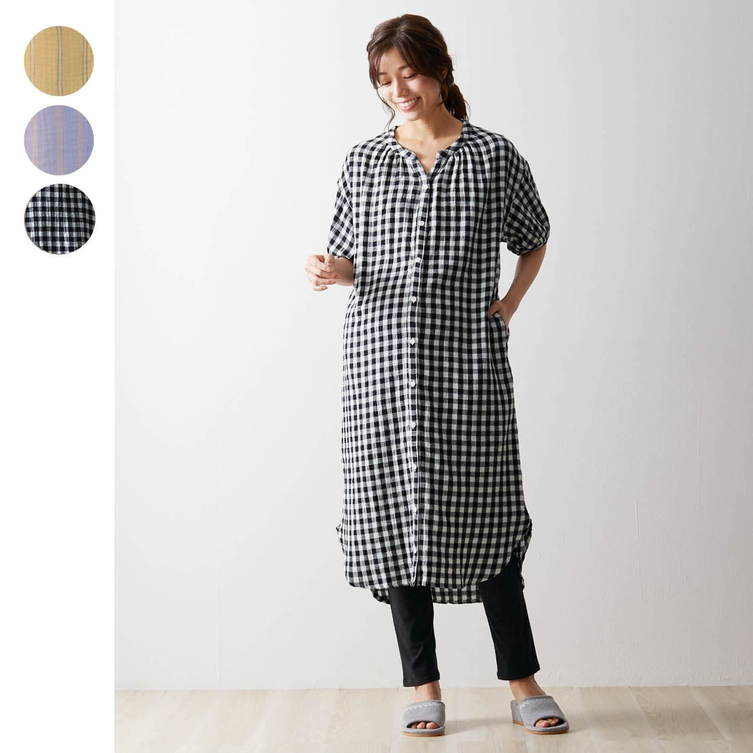 【ポイント10倍! 4/17 09:59迄】産前 産後 兼用 ダブルガーゼ 半袖 マタニティ パジャマ ワンピース ＆ レギンス セット ◆ M L ◆◇ 春 夏 入院準備 入院 妊婦 マタニティ用 マタニティ 授乳 産後 出産 出産入院 授乳服 おしゃれ かわいい ベルメゾン