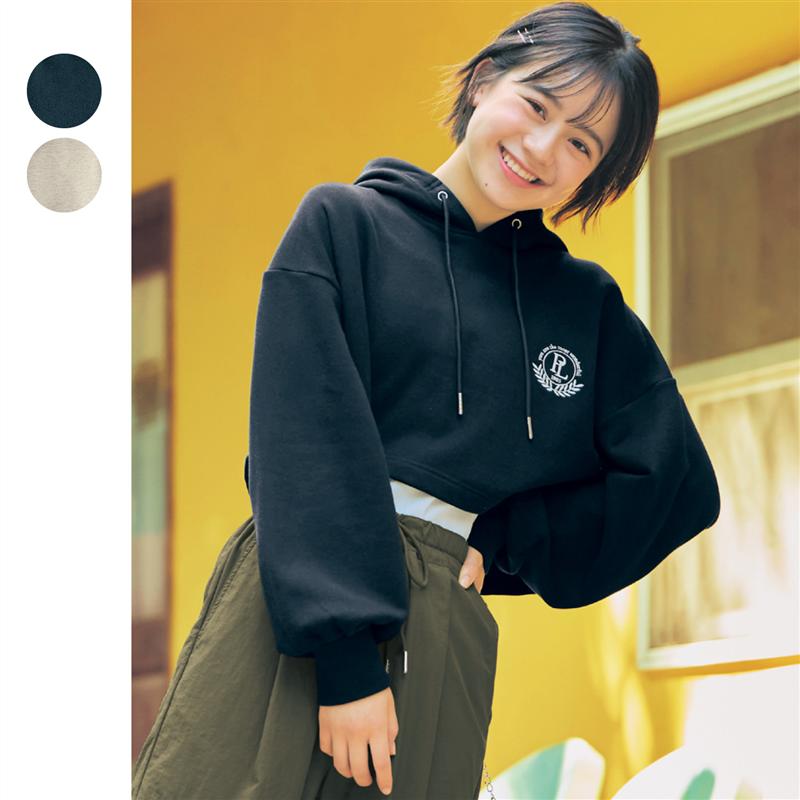 綿裏毛 ヘビーウェイト ショート丈 ワイド スウェット プルパーカ ワンポイント刺繍 ◆ 135-165 ◆ ◇ ジ..