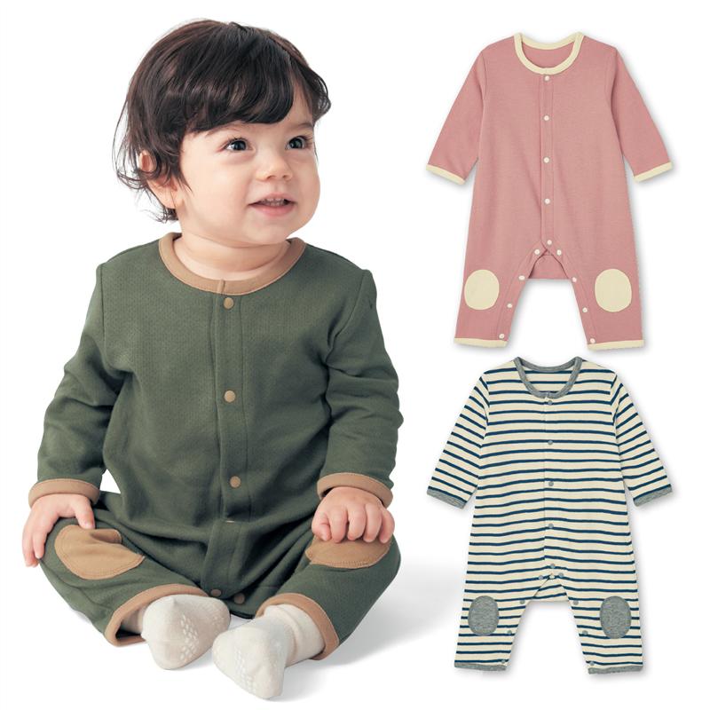 【25%OFF！10/4 (金) 20:00〜10/17(木) 9:59】【ベルメゾン】 ベビー服 膝パッチ付き 前開き 脚カエル型 ロンパース ◆ 60 70 80 ◆ ◇ ベビー 新生児 カバーオール ショートオール ロンパース つなぎ ◇