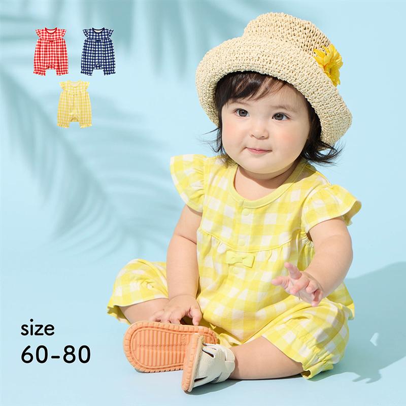 ＼売れてます／ 新生児 肩フリル 前開き カエル ロンパース ◆ 60 ◆ ◇ 女の子 ベビー ベビー服 ガールズ カバーオール ショートオール つなぎ 春 夏 初夏 お出かけ おしゃれ かわいい ギンガムチェック フリル ガーリー ベルメゾン