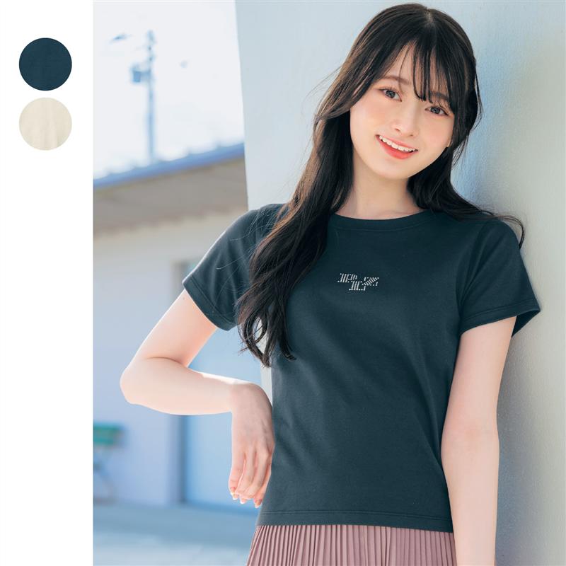 ベルメゾン パペル ラピス なめらかタッチラインストーンロゴコンパクト綿素材半袖Tシャツ 「オフホワイト スミクロ」 ◆ J－XXS（135～145） J－XS（145～155） J－S（150～160） J－M（155～165） ◆ ◇ 子ども キッズ KIDS 子ども服 服 トップス カットソー ◇