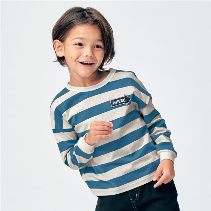 【ベルメゾン】 子供服 太ピッチボーダー ワッペン Tシャツ ◆ 140 150 160 ◆ ブラック×カーキ系 オフホワイト×ブルー系 オフホワイト×ベージュ系 ◆◇ 子ども 子供 キッズ キッズ服 服 トップス Tシャツ ◇ 22SS