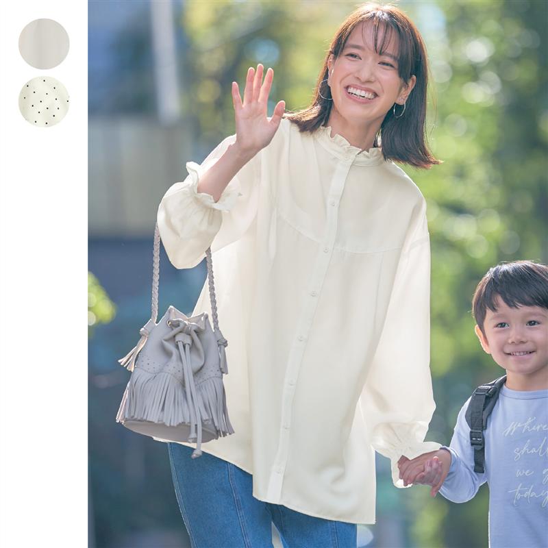 2WAY 襟フリル シャツブラウス 授乳口なし ◆ M L ◆ ◇ 春 秋 フォーマル ママ服 長袖 レディース 女性 トップス ブラウス シャツ レディーストップス レディースブラウス ホワイト ドット ツーウェイ ベルメゾンのサムネイル