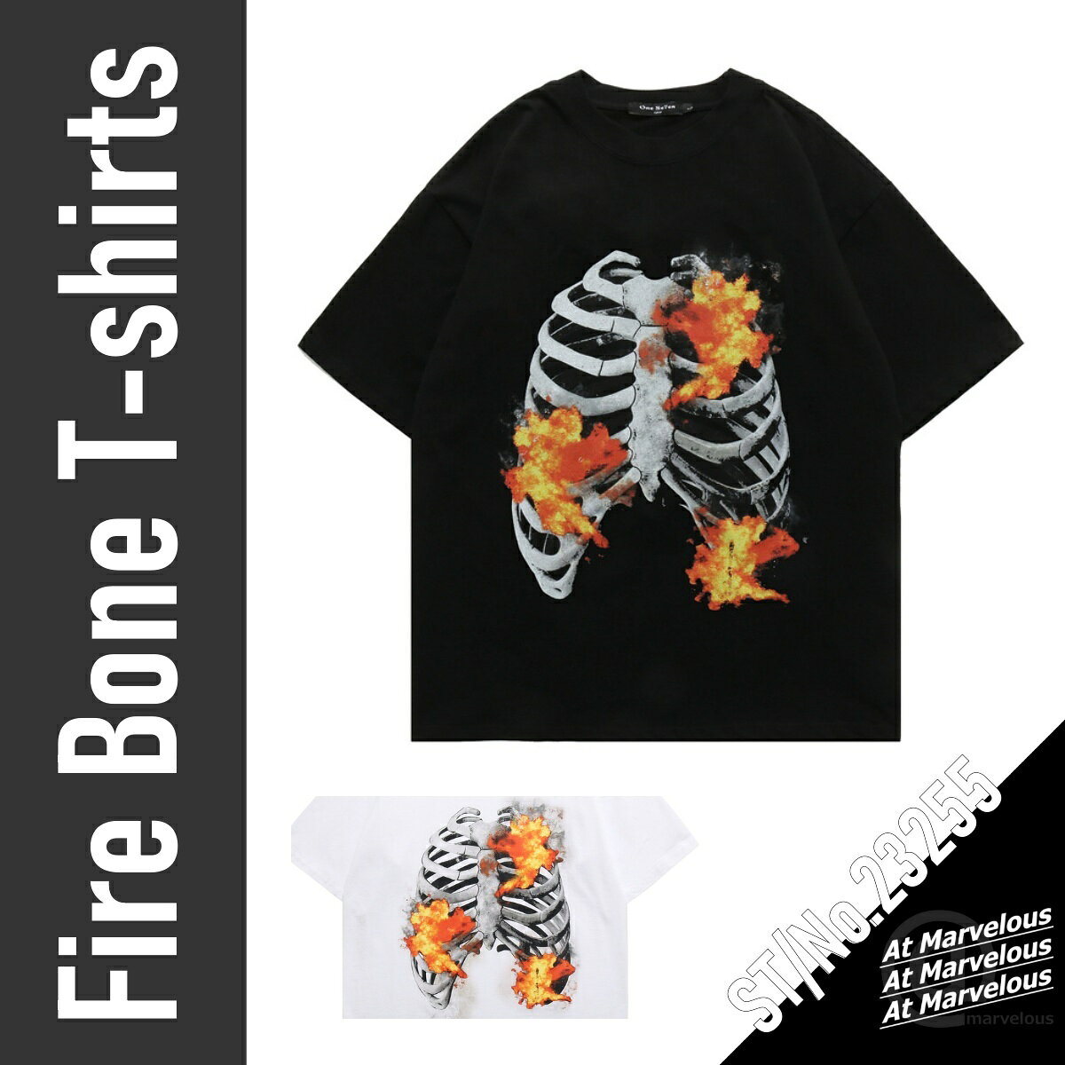 プリントTシャツ メンズ ストリートTシャツ ビッグTシャツ ビッグT オーバーサイズTシャツ オーバーサイズ 半袖Tシャツ 半袖 ストリートファッション カジュアル プリントT 白T 骨柄T ボーンT 炎柄 夏服 カットソー 夏の商品画像 3