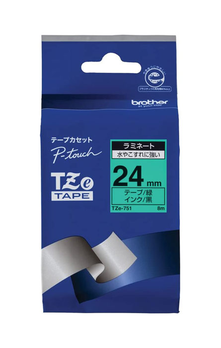 BROTHER（P-Touch ） - (黒文字 緑テープ 24mm) ピータッチラミネートテープ TZe-751 テープカセット ブラザー brother P-TOUCH 【メール便不可商品】※TZ-751後継テープ