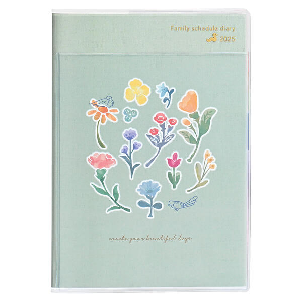 2025年版 B6 家族手帳 薄型 月曜始まり 花と鳥とモスグリーン【113SHB】本体サイズ H188×W133×D6mm 見出し補強シール付き 外ポケット付き 2024年12月始まり 六曜入 クツワ KUTSUWA【メール便のみ送料無料】