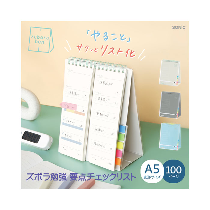 ズボラ勉強 要点チェックリスト 100日分 2連メモ スタンドタイプ【SP-2441】ふせん付き(20枚X5色・100枚入)1日たった2分で「やること」「ニガテ...