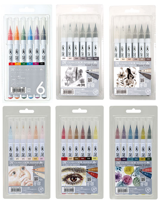 ZIGクリーンカラーリアルブラッシュ6色セット 水性染料インキ 毛筆だから細描き、ベタ塗り自由自在 クレタケ くれ竹 ZIG CLEAN COLOR Real ...