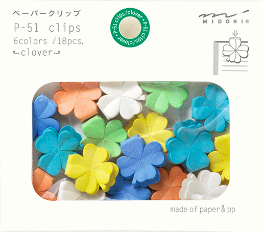 P-51クリップス　クローバー柄　43319　Clover　ペーパークリップ　P-51clips　ミドリMIDORI　6colors/18pcs.　made of paper＆pp　P51クリップス　51％が紙（Paper）でできているクリップ。【 メール便対応可能 】