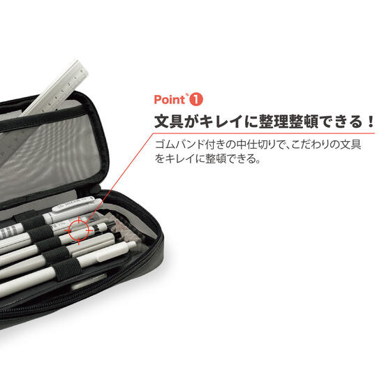 収納メッシュペンケース MESHNO メッシュノ ゴムバンド付きの中仕切り サイズ：H90×W210×D40mm 全3色 黒 紺 グレー ペンポーチ ペンツールポーチ 筆入れ 小物入れ ガジェットなどのツールケース サンスター文具 sun-star 透け感がきれいな bellepo-10023227 べるえぽ サンプル画像3
