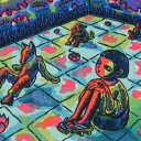 風鈴丸 額付き木版画 電気月の庭 1997年